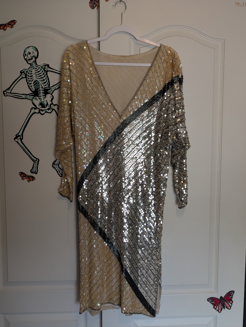 Diva Gold and Silver Sequin Midi Dress with V-Neck